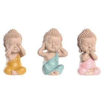 Koristehahmo DKD Home Decor Sininen Pinkki Buddha Keltainen Hartsi (7 x 5 x 10,5 cm) (5,5 x 5 x 10,5 cm) (3 osaa)