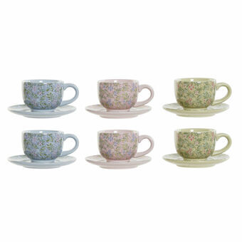 Osainen kahvikuppisetti DKD Home Decor Sininen Pinkki Metalli Vihreä Gėlės Dolomite (6 pcs) (180 ml) (14 x 14 x 7 cm)