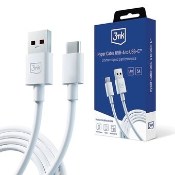 3MK Hyper-kaapeli USB-A: sta USB-C: ksi 5A 60W 1,2m valkoinen