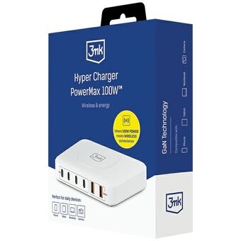 3MK Hyper Charger PowerMax 100W on neljällä USB-C-liitännällä ja kahdella USB-A-liitännällä varustettu latausasema, jossa on myös QC+PD-yhteensopiva langaton lataus.