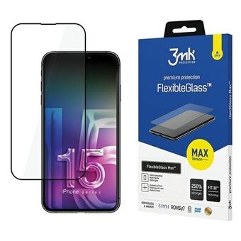 3MK FlexibleGlass Max iPhone 15 6.1" musta, Hybridi-lasi vahvistetuilla reunoilla.