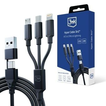 3MK Hyper Cable 3-in-1 USB-A/USB-C - USB-C/Micro/Lightning 1.5m Musta/Black-kaapeli