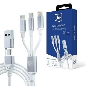 3MK Hyper Cable 3-in-1 USB-A/USB-C - USB-C/Micro/Lightning 1.5m Valkoinen/White Kaapeli