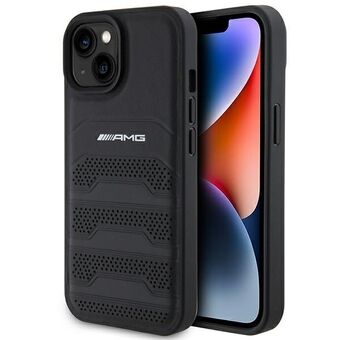 AMG AMHCP15MGSEBK iPhone 15 Plus 6,7" musta nahkainen kovakuori, jossa on painettu kohokuviot