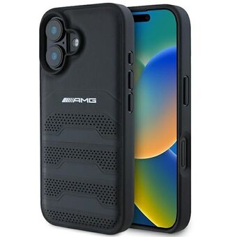 AMG AMHCP16SGSEBK iPhone 16  6.1" musta/black kova kotelo Nahka Kaiverretut Viivat Musta Logo