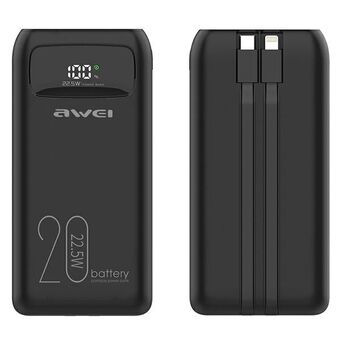 AWEI PowerBank P169K 20000mAh 22,5W musta/musta näyttö + PD/Lightning-kaapelit