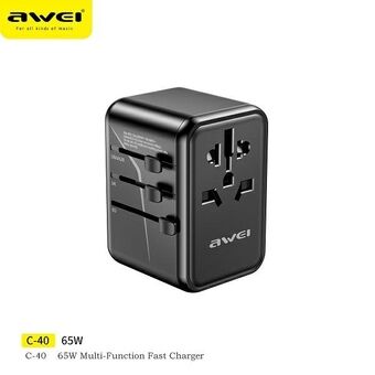 Awei Ład. siec. 2xUSB+3xUSB-C C-40 65W -sovitin 4-in-1 US/AU/EU/UK, musta Univesal matkalaturi GaN