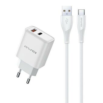 AWEI laturi PD81T-EU 22.5W + USB-kaapeli + USB-C valkoinen/white GaN