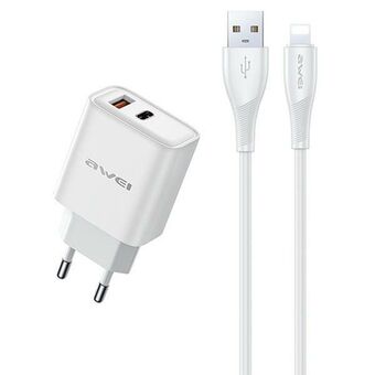 AWEI verkko laturi PD81L-EU 22.5W + USB-kaapeli + Lightning, valkoinen GaN