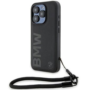 BMW BMHCP15L23RMRLK iPhone 15 Pro 6.1" musta nahkakuori Signature Leather Wordmark Cord.