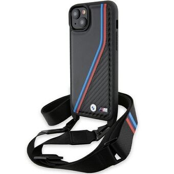 BMW BMHCP15M23PSVTK iPhone 15 Plus / 14 Plus 6.7" musta kova suojakuori M Edition Carbon Tricolor -raidat ja hihna