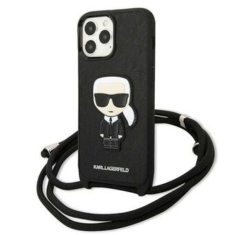 Karl Lagerfeld KLHCP13XCMNIPK iPhone 13 Pro Max 6,7" kovakotelo musta Leather Monogram Patch ja Cord Iconik