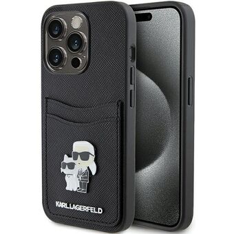 Karl Lagerfeld KLHCP15LSAPKCNPK iPhone 15 Pro 6.1" musta kova suojakuori Saffiano-korttipaikalla Karl & Choupette -metallinapilla.