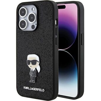 Karl Lagerfeld KLHCP15XGKNPSK iPhone 15 Pro Max 6.7" musta kovakuori kiinteällä glitterillä ja ikonisella logo metalliruusukkeella.