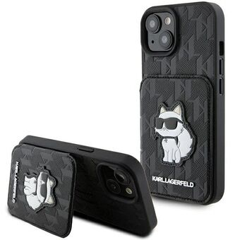 Karl Lagerfeld KLHCP15SSAKCNSCK iPhone 15 / 14 / 13 6.1" musta kovakuori Saffiano-kuvio, korttipaikat ja teline Choupette-monogrammi