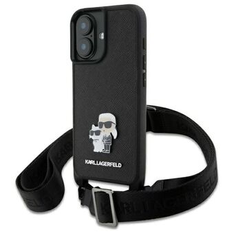 Karl Lagerfeld KLHCP16SSAKCPBK iPhone 16 6.1" musta kovakotelo Saffiano Karl&Choupette Metal Pin CBDY-hihna