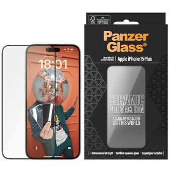 PanzerGlass Ceramic -suojaus iPhone 15 Plus -puhelimen 6,7 tuuman näytölle. Ultra-wide -malli, joka istuu täydellisesti. Helppo asentaa mukana tulevan Easy Aligner -suuntimella. Tuotenumero: 2839.