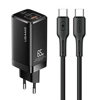 USAMS Ład. siec. MT 2xUSB-C+USB GaN 65W T33 PD + kaapeli USB-C-USB-C 100W pikalataus musta/black MTXLOGTC01