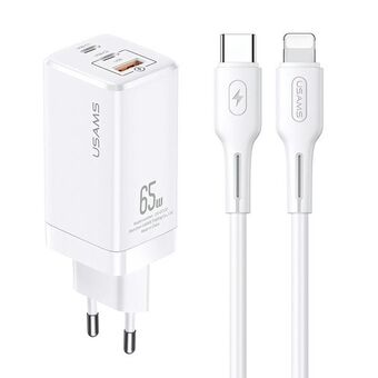 Sure, here\'s the translation:

USAMS Verkkolaturi MT 2xUSB-C+USB GaN 65W T33 PD + USB-C-Lightning johto 30W Pikalataus valkoinen/white MTXLOGTL02