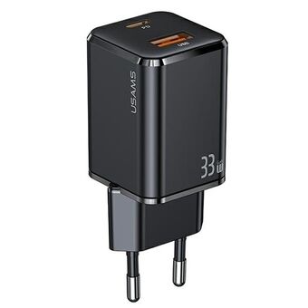 USAMS Ład. siec. 1xUSB-C+1xUSB T43 33W (vain pää) PD3.0 + QC3.0 Pikalataus musta/black CC144TC01 (US-CC144)