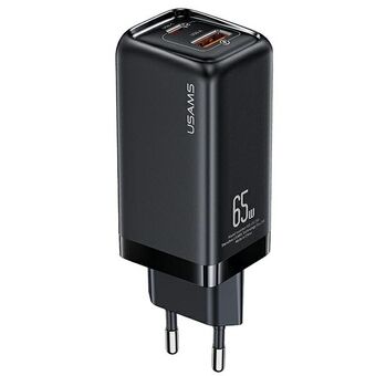 USAMS:n hallinto. verkkoon. 1xUSB-C + 1xUSB T47 65W PD Quick Charge Super Si musta / musta CC153TC01 (US-CC153)