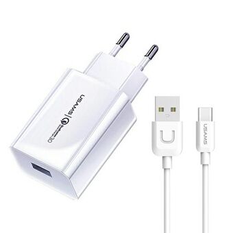 USAMS-laturi 1xUSB T22 18W 3A QC3.0 + USB-C-kaapeli 1m valkoinen (T48) T48OCLN01