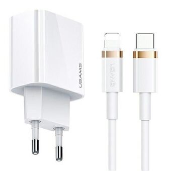 USAMS:n hallinto. verkkoon. 1xUSB-C T34 20W 5V-3A PD3.0 + U63 USB-C salamakaapeli 20W valkoinen/valkoinen T49OCLN01