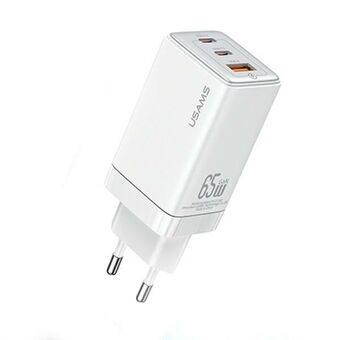 USAMS kuorma. verkkoon. 2xUSB-C+1xUSB 65W (vain päälaite) GaN PD3.0 +QC3.0 Pikalataus valkoinen/valkoinen Sandru Series CC180TC02 (US-CC180)