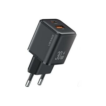 USAMS kuorma. verkkoon. 1xUSB+1xUSB-C PD30W 3A (vain päälaite) PD3.0 Pikalataus musta/musta X-ron-sarja CC189TC01 (US-CC189)