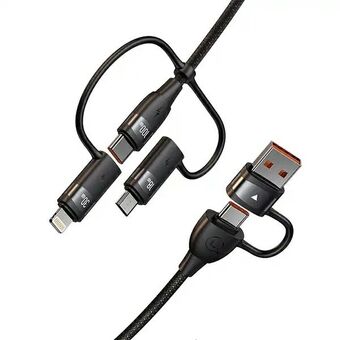 USAMS-kaapeli U85, jossa on 2xUSB-C/USB-A-liitäntää, pituus 1,2 metriä ja 100W PD pikalataus, musta SJ654USB01 (US-SJ654)