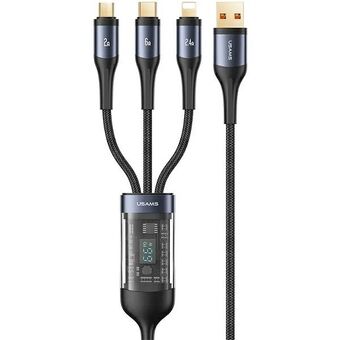 USAMS-punottu U83 3-in-1 66 W 1,2 metrin digitaalinäytöllinen PD-pikalatauskaapeli (lightning/microUSB/USB-C) musta SJ582USB01 (US-SJ582)