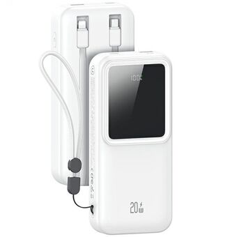 USAMS Powerbank, jossa sisäänrakennetut USB-C + Lightning -kaapelit 30000 mAh 20W PD+QC 3.0 Pikalataus X-chel -sarja, valkoinen 30KCD21302 (US-CD213)