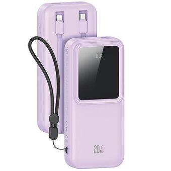 USAMS Powerbank sisäänrakennetuilla USB-C+Lightning-kaapeleilla 30000 mAh 20W PD+Qc 3.0 Pikalataus X-chel Series violetti/purple 30KCD21303 (US-CD213)