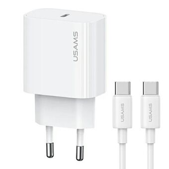 USAMS Ład. siec. 1xUSB-C T65 PD20W PD Pikalataus US-CC226 + kaapeli USB-C/USB-C US-SJ711 60W valkoinen Yi-sarja OYXLTZ01