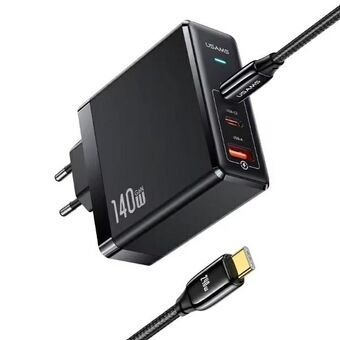 USAMS -laturelelaitteisto, 2xUSB-C+1xUSB T52 PD140W PD Fast Charging US-CC168 + kaapeli U82 USB-C/USB-C US-SJ581 240W musta/black UM-sarja UMXLOGTC01