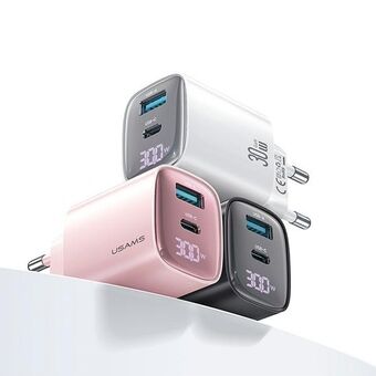 USAMS Ład. siec. CC229 30W GaN USB-C/USB-A Pikalataus XC-sarja vaaleanpunainen/pinkki CC229TC03