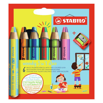 STABILO woody 3 in 1 Duo - Monilahjakas Värikynä - Setti 6 kpl + Teroitin