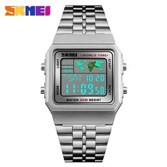 SKMEI Business Waterproof Men Watch World Time Stainless Steel Band - hopea