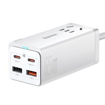 BASEUS GaN3 Pro -pöytäpistorasia AC+2 USB+2 Type-C -porttia 65W CN pistoke pistorasia 1m Type-C-tyypistä Type-C-kaapeli - Valkoinen