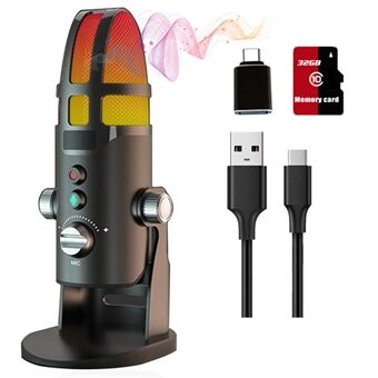 RGB Light USB Mic for Video Recording Live Stream Professional Metal Condenser Microphone with Sound Card for PS4 Gaming (PC/Android Version + 32G Memory Card)