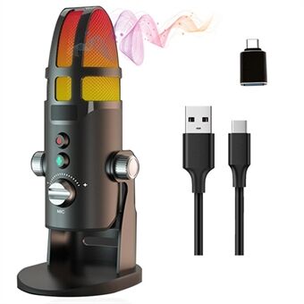 Metal USB Mic for Recording Streaming Professional Condenser Microphone with RGB Light/Sound Card for PS4 Gaming (PC/Android Version)