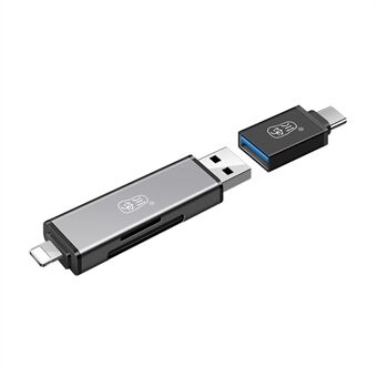 KAWAU C350TL iP+USB3.0+Type-C -kortinlukija-sovitin, tuki SD / TF-korteille. Alumiiniseosmatkapuhelimen OTG-kortinlukija.