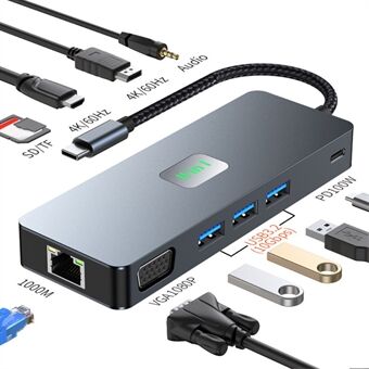 2309 Type-C to 11-Port USB Hub 4K 60Hz HD-kuvansiejaus Gigabit Ethernet -sovitin kannettavan tietokoneen ja tabletin telakointiasema