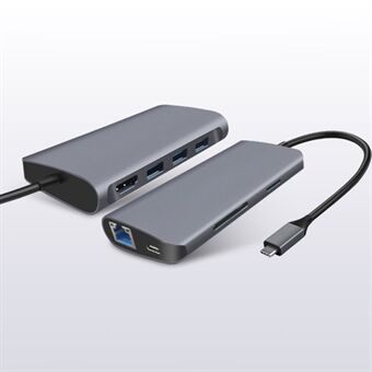 8-in-1 Type C -keskitinsovitin USB 3.0 RJ45 SD/TF-kortinlukija HDMI Type-C -portin telakointiasema