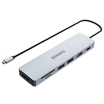 BENWIS MP-HUB-2 7-in-1 -sovitin, joka muuntaa Type-C liitännän PD 100W + USB2.0x2 + USB3.0 + TF / SDXC + HD 4K 30Hz -ominaisuuksiksi.