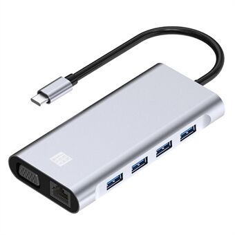 JUNSUNMAY JSM-HUB019 Multi-Port Adapter 11-in-1 Type-C Hub 4K HD -videolähtöön + 87 W PD -portti + VGA + 2x kortinlukijapaikat + USB 3.0 + 3xUSB 2.0 + RJ45 + 3,5 mm Aux -portti