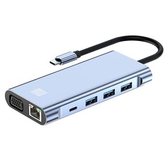 JUNSUNMAY JSM-HUB020 10-in-1 Type-C moniporttinen sovitinkeskitin 4K HD -videolähtöön + 87 W PD-portti + VGA + 2x kortinlukijapaikat + USB 3.0 + 2xUSB 2.0 + RJ45 + 3,5 mm Aux-portti