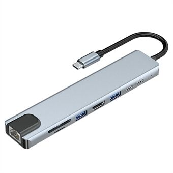 JUNSUNMAY JSM-HUB008 USB-C-telakointiasema 8-in-1 Type-C-sovitin HD 4K -ulostulolla, PD-laturi, USB 3.0, 2xUSB 2.0, RJ45 Ethernet, 2x kortinlukijapaikkaa