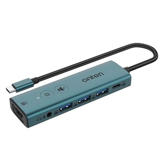 ONTEN UC123+ 15 cm:n kaapeli Type-C - HD+3xUSB3.0+USB-C+3.5 mm porttien USB-hub-sovitin, jossa on painikkeet.