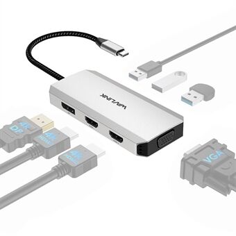 WAVLINK UMD304 7-in-1 -kannettavan telakointiasema-muunnin, USB-C kahdelle HD 4K / 60Hz / VGA / 3 USB2.0 -navalle